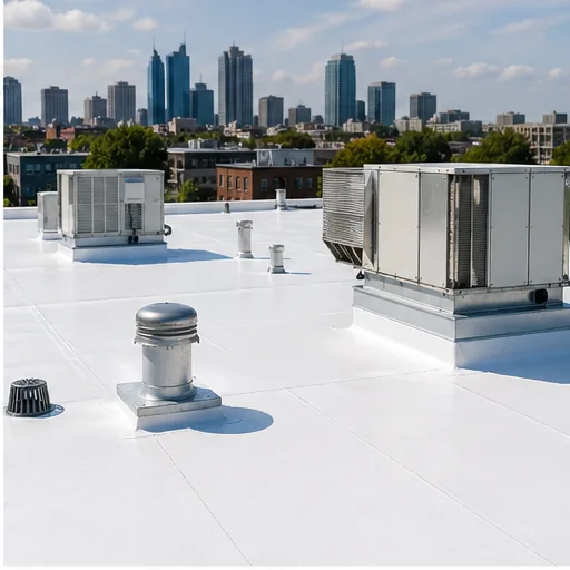 Commercial white TPO roof with rooftop units