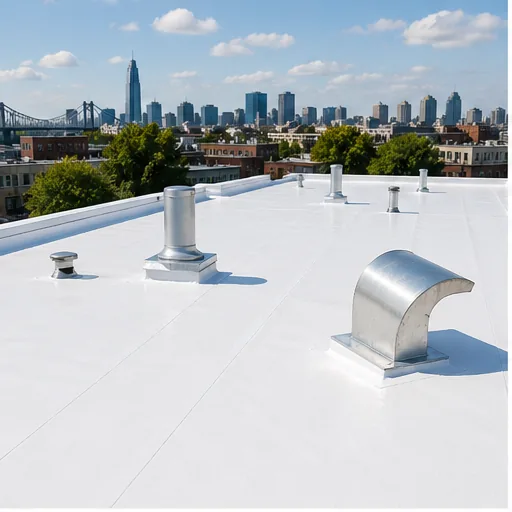 TPO roof installation on a white flat roof