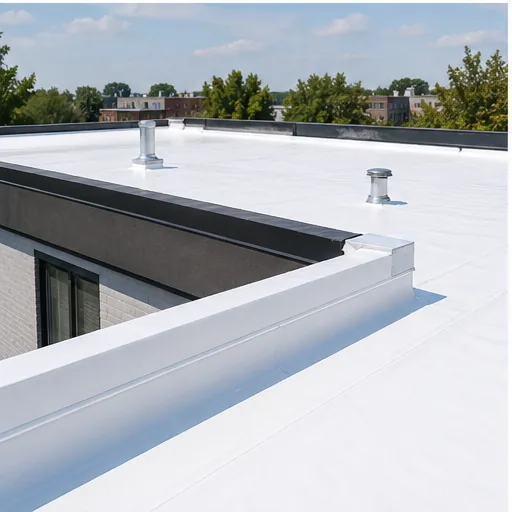 Residential flat roof with white TPO membrane